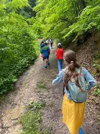 Copii în drumeție pe o potecă din pădure